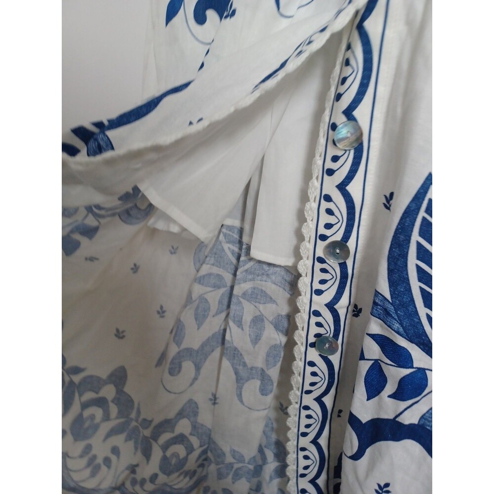 Magaschoni Linen Maxi Dress Puff Sleeve Blue White Floral Medium Lined Resort - Picture 3 of 7